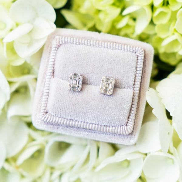 Small Deco Diamond Mosaic Stud Earrings in 14k White Gold