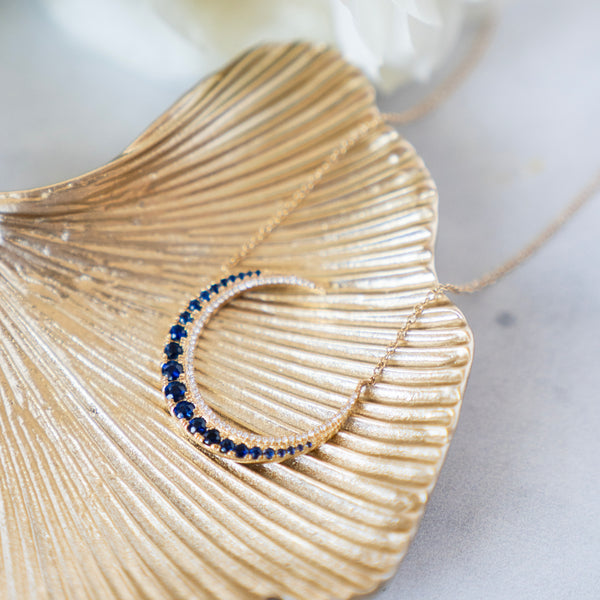 Blue Sapphire and Diamond Crescent Necklace