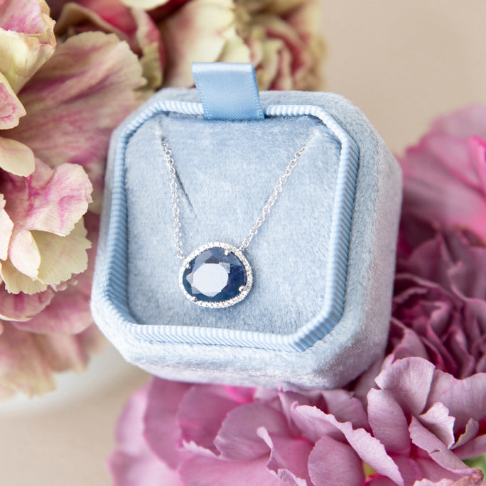 Organic shaped Blue Sapphire and Diamond Halo Necklace in 14k White Gold