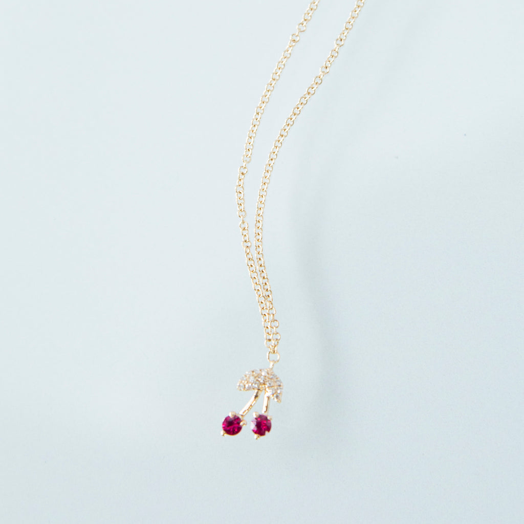 Ruby and Diamond Cherry Necklace in 14k Yellow Gold