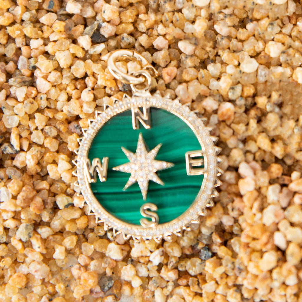 Malachite and Diamond Compass Charm Pendant