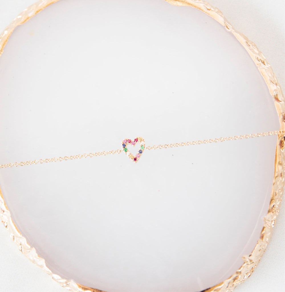 Rainbow Gemstone Heart Bracelet in 14k Yellow Gold