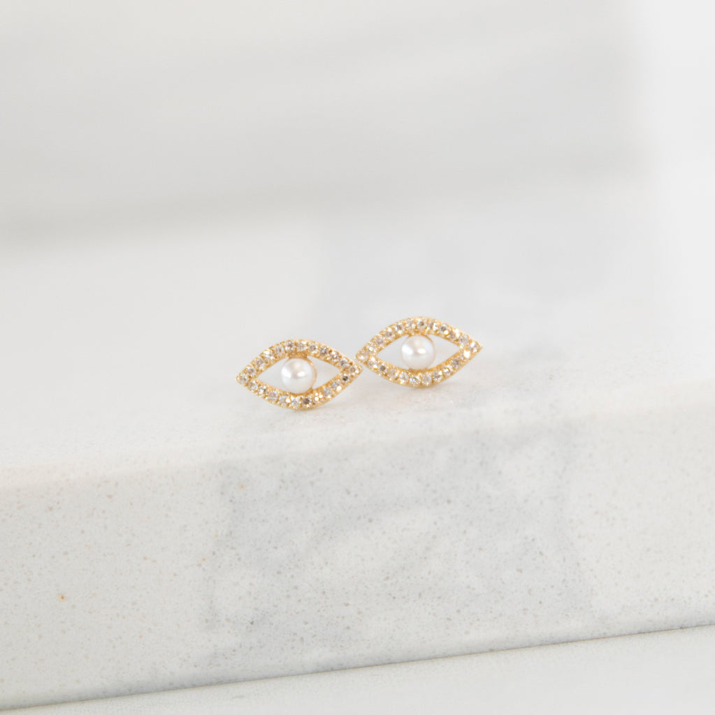 Diamond and Pearl Evil Eye Stud Earrings in 14k Yellow Gold