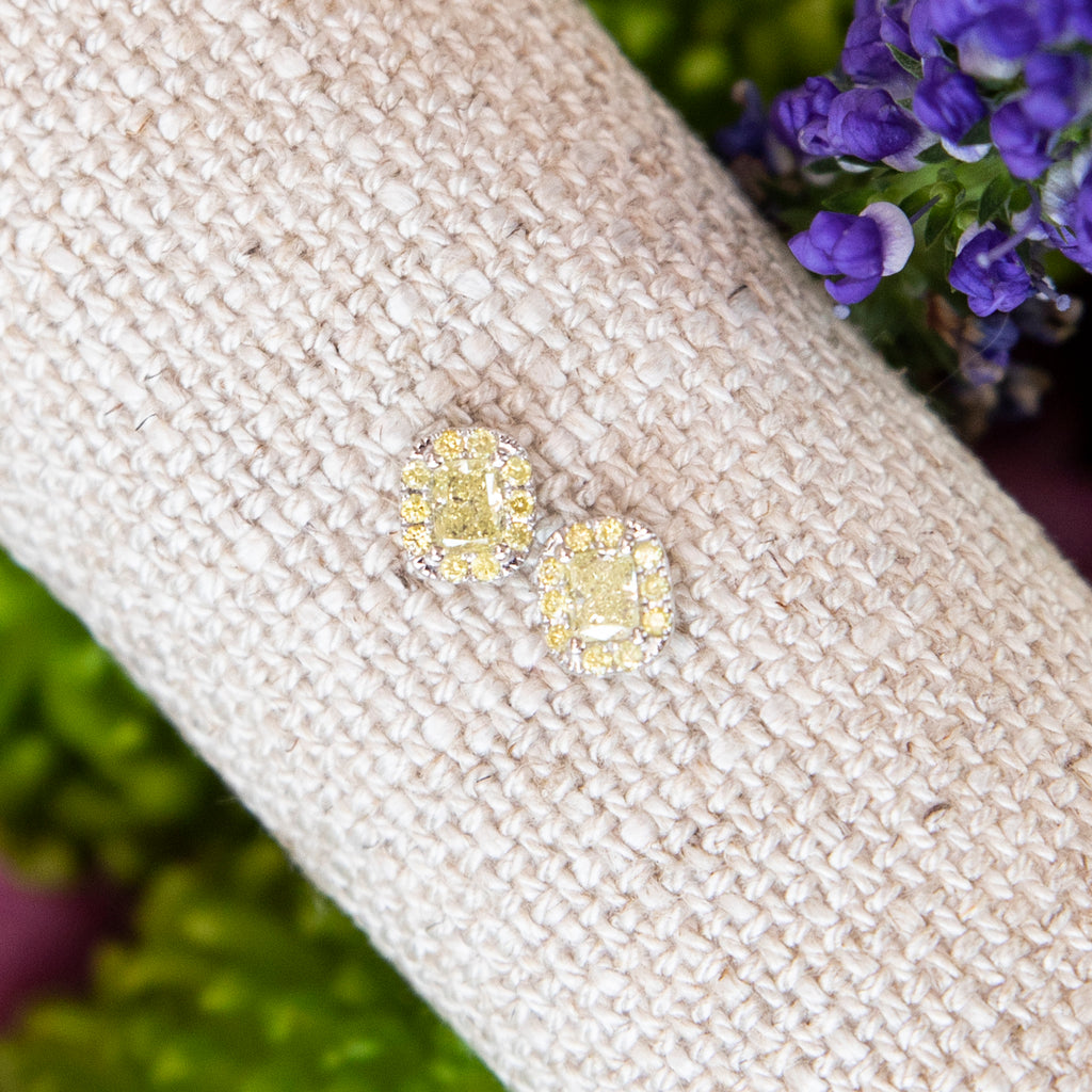 Bespoke Natural Cushion Cut Yellow Diamond Earrings with Yellow Diamond Halo