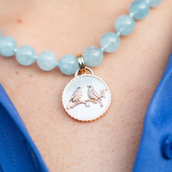 Birds of a Feather Mother of Pearl, Blue Sapphire and Diamond Charm Pendant