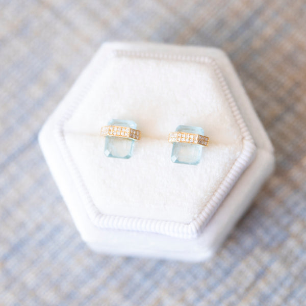 Architectural Floating Aquamarine and Diamond Stud Earrings