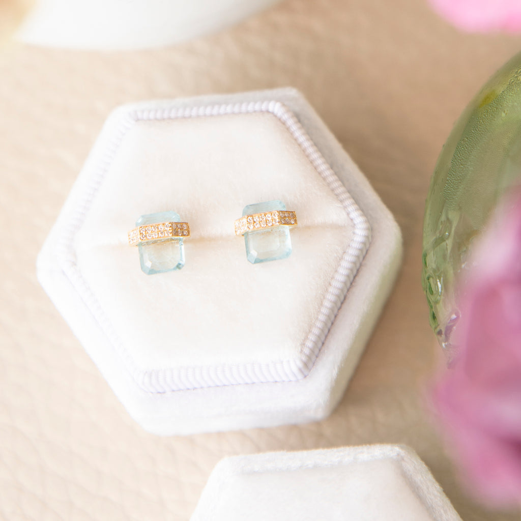 Architectural Floating Aquamarine and Diamond Stud Earrings