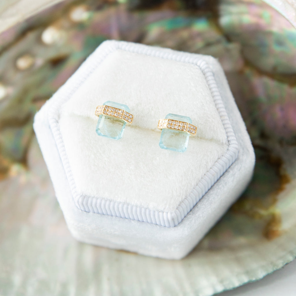 Architectural Floating Aquamarine and Diamond Stud Earrings