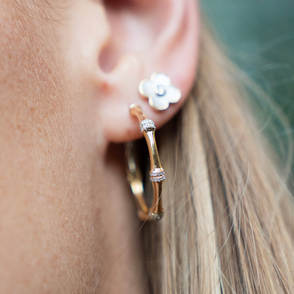 Diamond Bamboo Hoop Earrings in 14k Yellow Gold