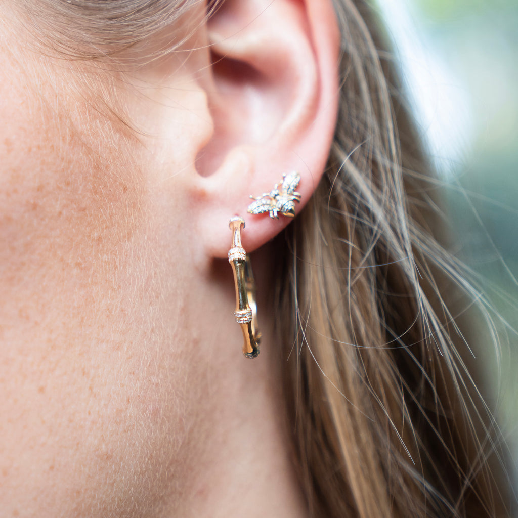 Diamond Bamboo Hoop Earrings in 14k Yellow Gold