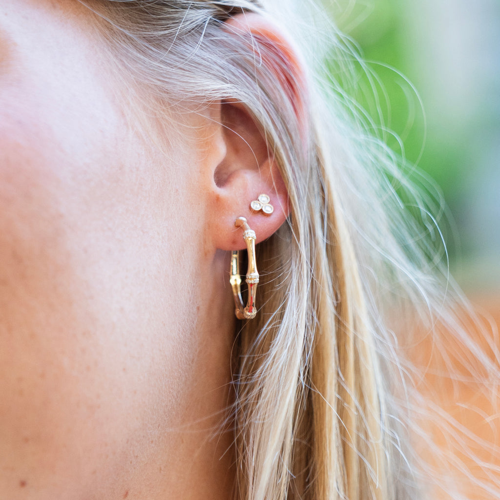 Diamond Bamboo Hoop Earrings in 14k Yellow Gold