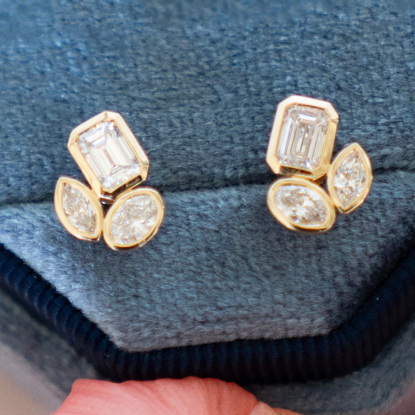 Medium Multi Shaped Diamond Trio Bezel Set Stud Earrings in 14k Yellow Gold