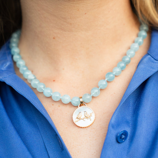 Large Natural Aquamarine Bead Necklace with 14k Yellow Gold