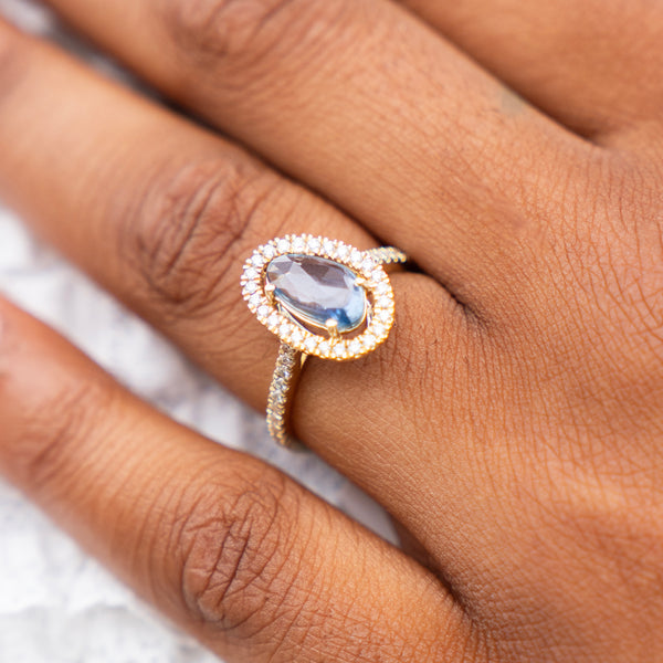 Cornflower Blue Sapphire and Diamond Halo Ring in 14k Yellow Gold