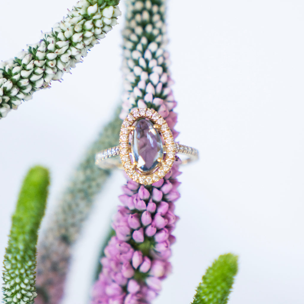 Cornflower Blue Sapphire and Diamond Halo Ring in 14k Yellow Gold
