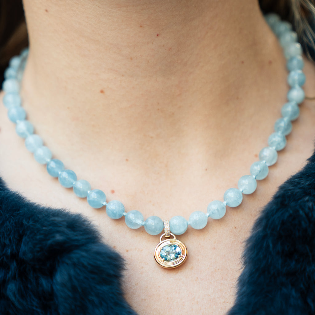 Large Natural Aquamarine Bead Necklace with 14k Yellow Gold