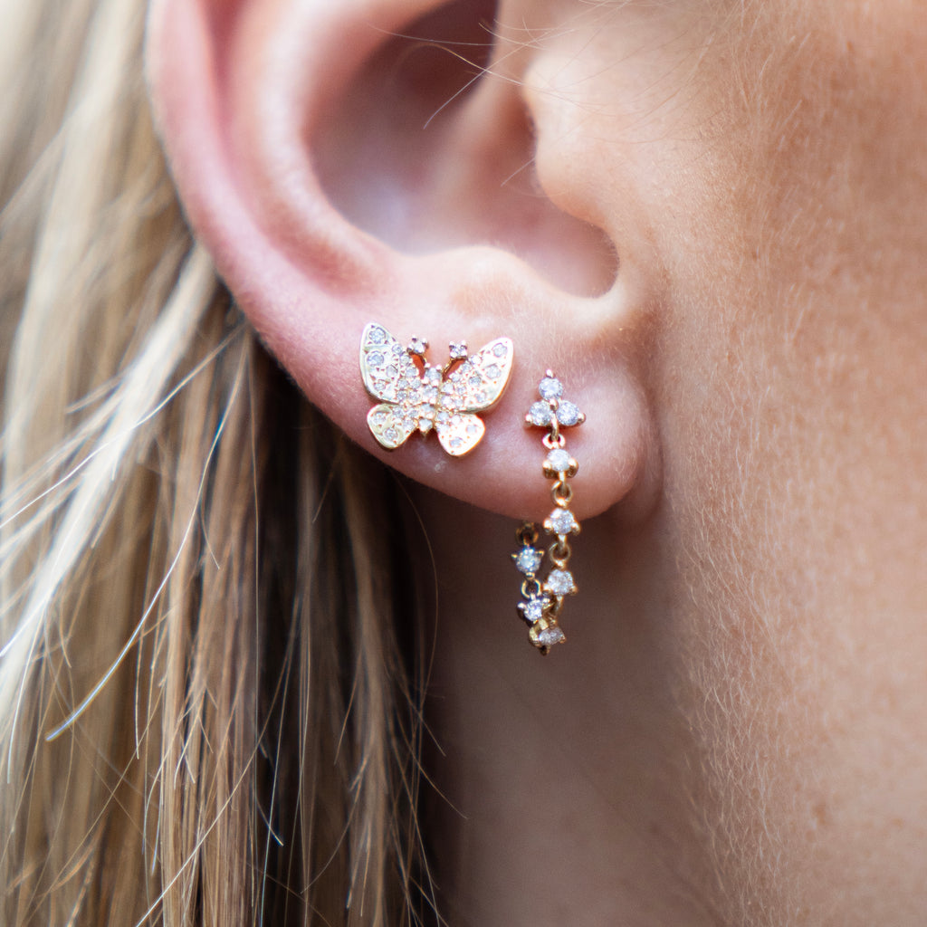14k High Polished Yellow Gold and Diamond Butterfly Studs