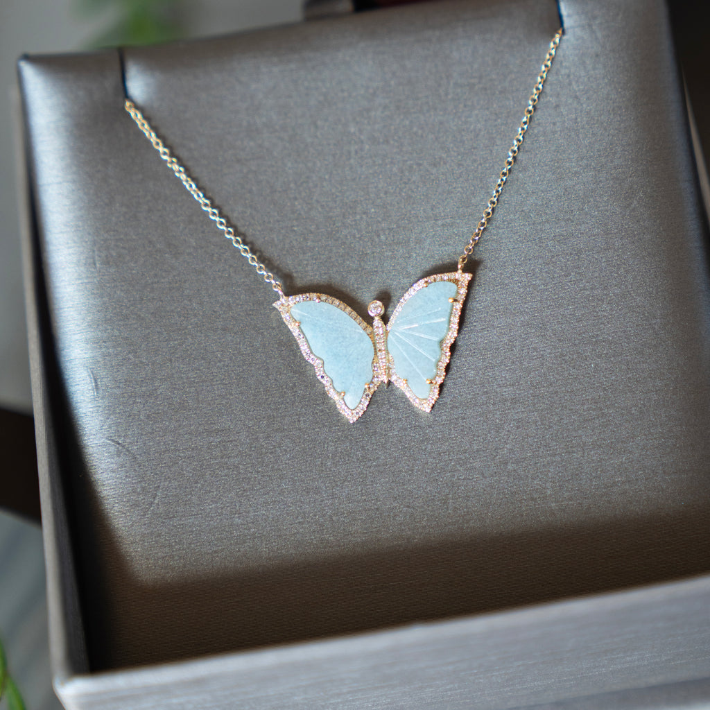 Aquamarine and Diamond Butterfly Necklace