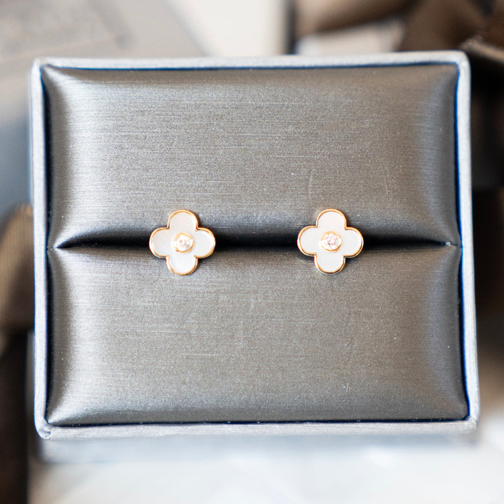 Mother of Pearl and Diamond Clover Stud Earrings