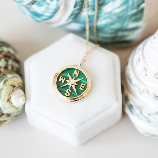 Malachite and Diamond Compass Necklace in 14k Yellow Gold