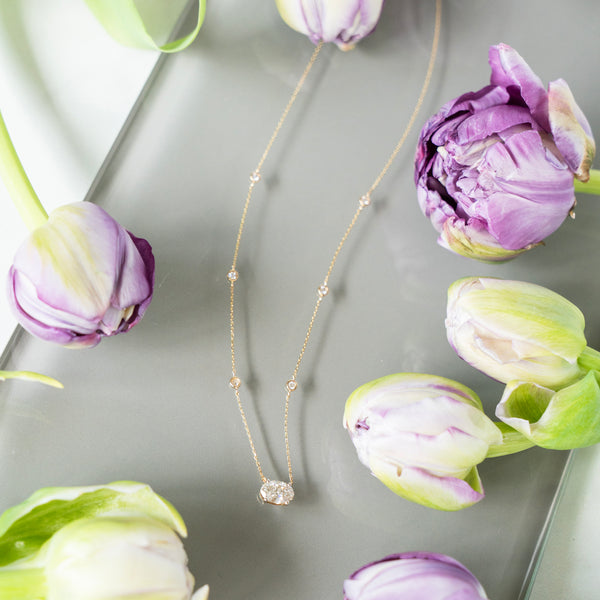 East West Oval and Diamond by the Yard Necklace in 14k Yellow Gold