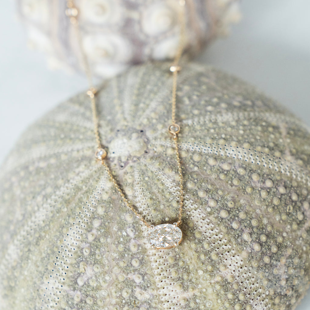 East West Oval and Diamond by the Yard Necklace in 14k Yellow Gold