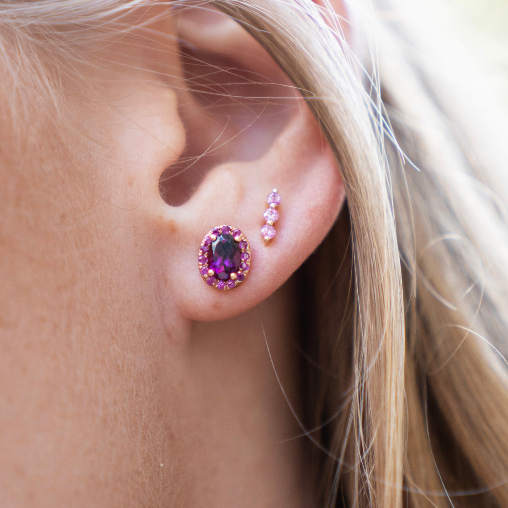 Oval Rhodolite Garnet and Rubellite Tourmaline Halo Stud Earrings in 14k Rose Gold