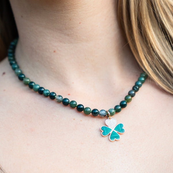 Natural Green Malachite Bead Necklace with 14k Yellow Gold