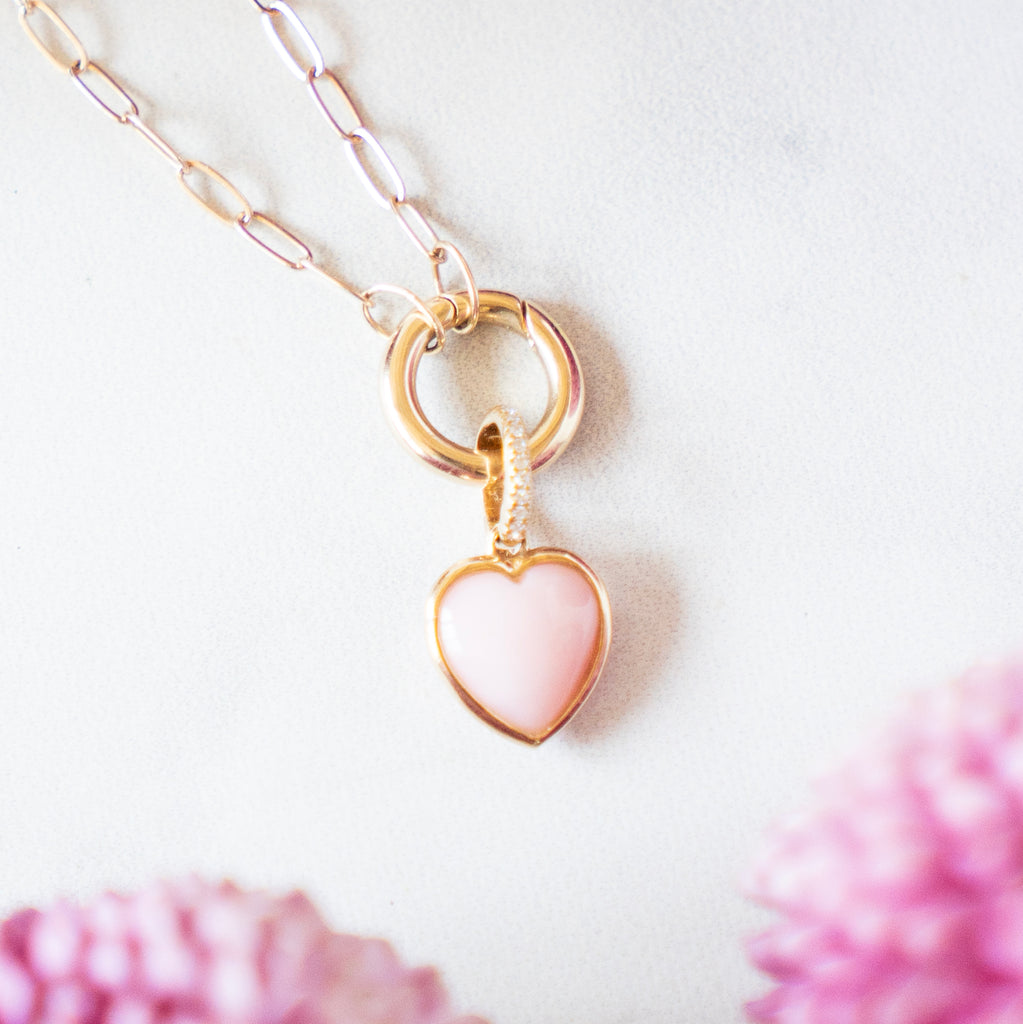Heart Shaped Pink Opal and Diamond Charm Pendant