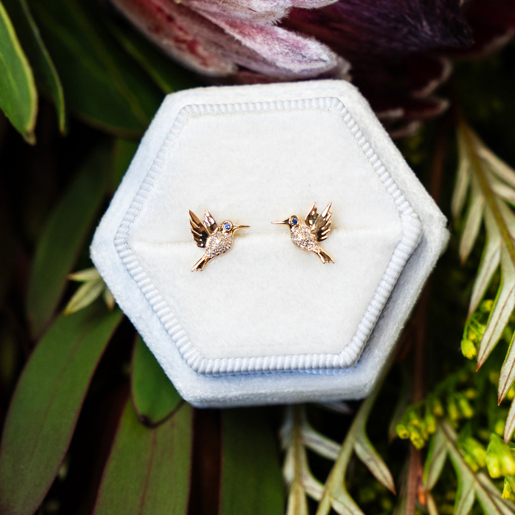 14k Gold and Diamond Hummingbird Stud Earrings