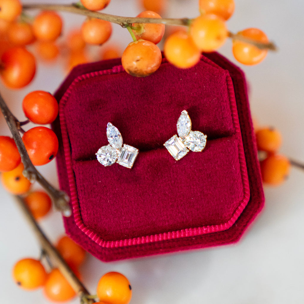 Large Multi Shaped Diamond Trio Stud Earrings in 14k Yellow Gold