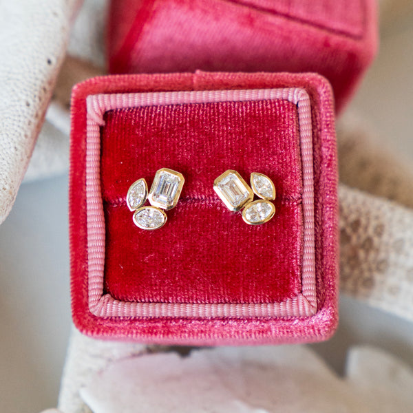 Large Multi Shaped Diamond Trio Bezel Set Stud Earrings in 14k Yellow Gold