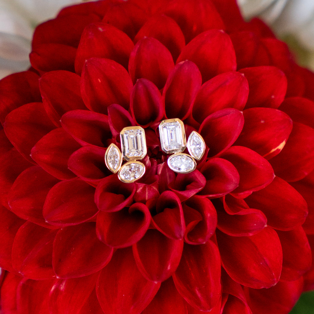 Large Multi Shaped Diamond Trio Bezel Set Stud Earrings in 14k Yellow Gold
