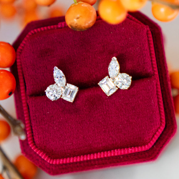 Large Multi Shaped Diamond Trio Stud Earrings in 14k White Gold