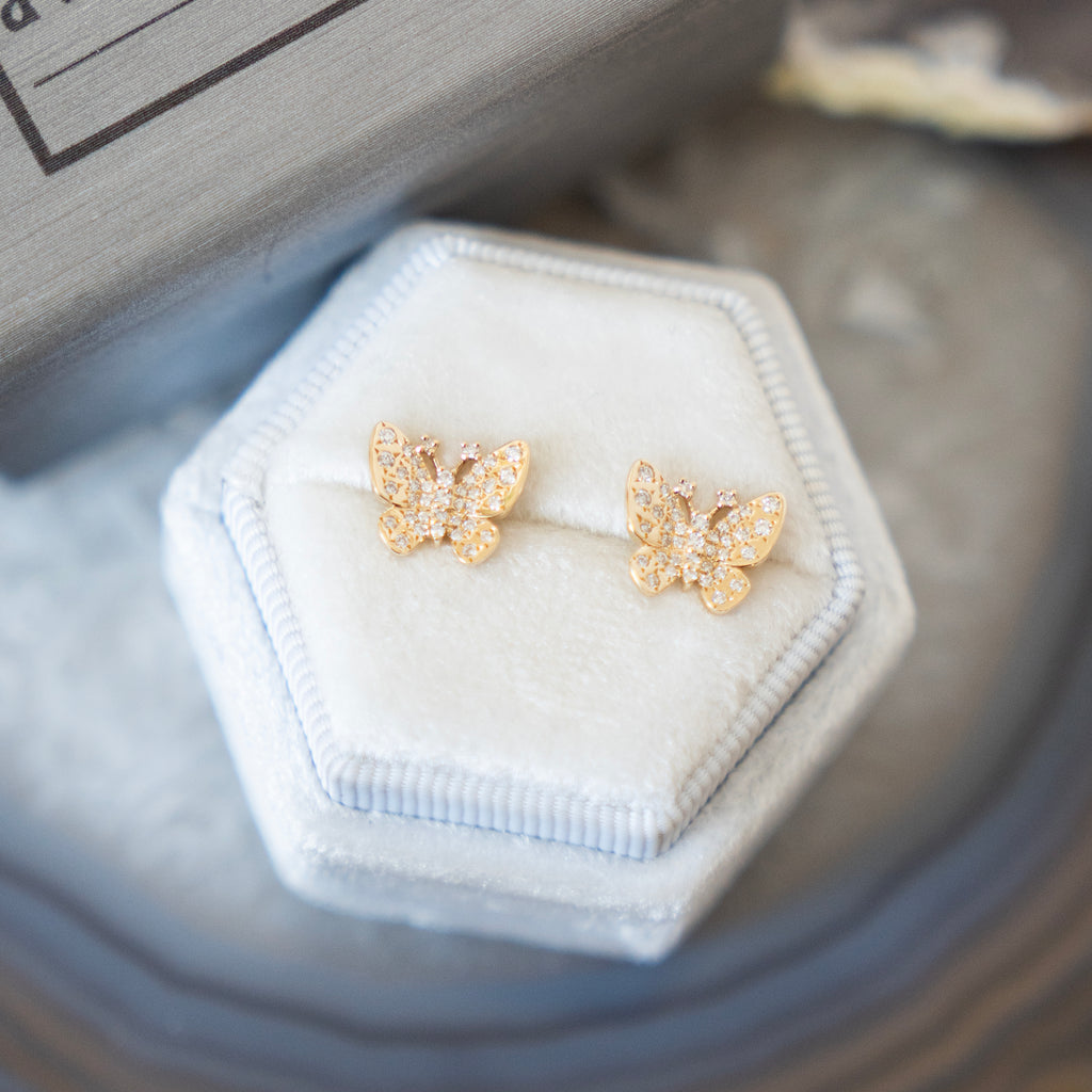 14k High Polished Yellow Gold and Diamond Butterfly Studs