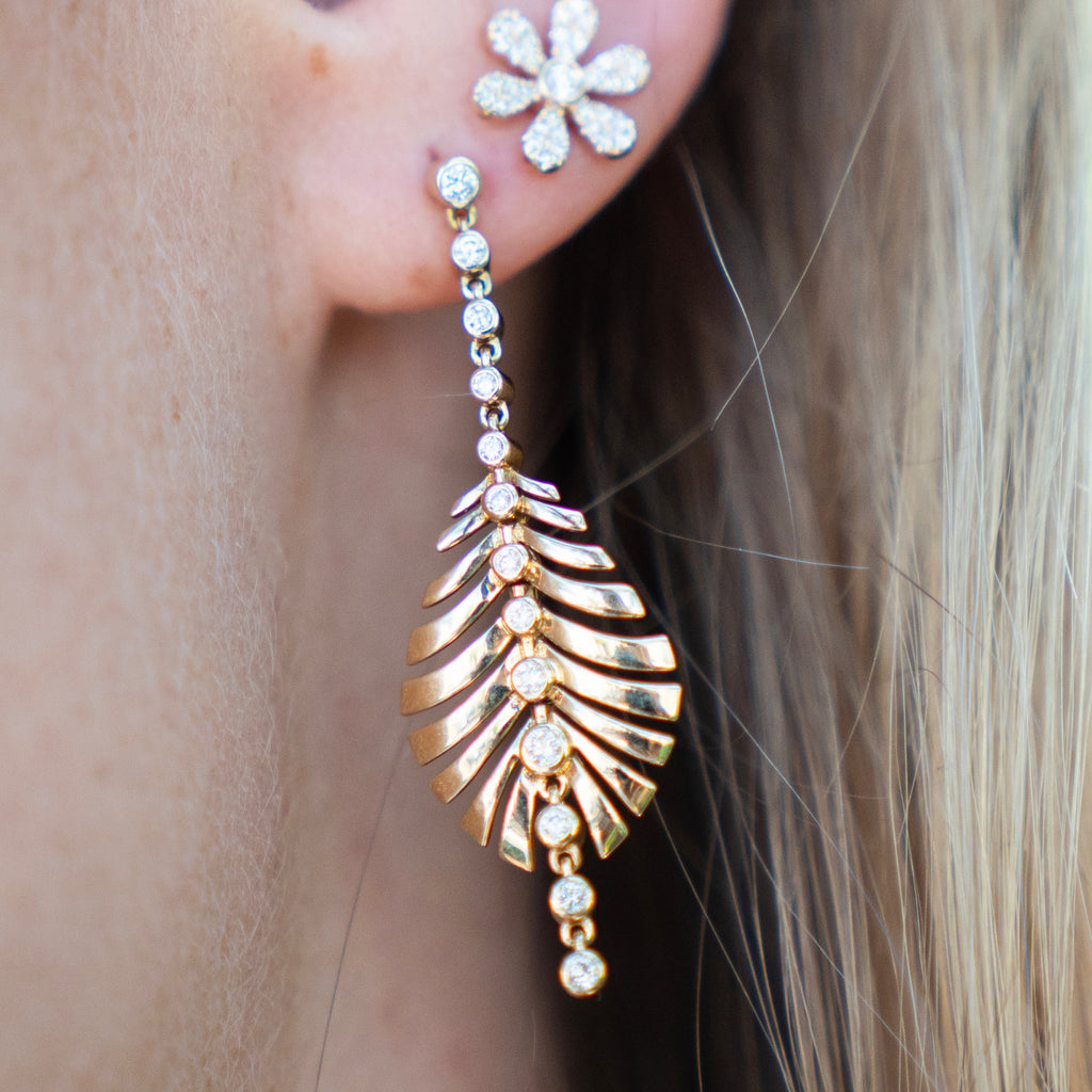 Golden Leaf Statement Earrings with Bezel Set Diamonds