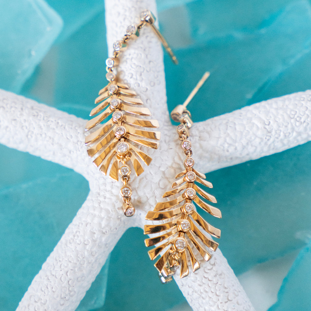 Golden Leaf Statement Earrings with Bezel Set Diamonds