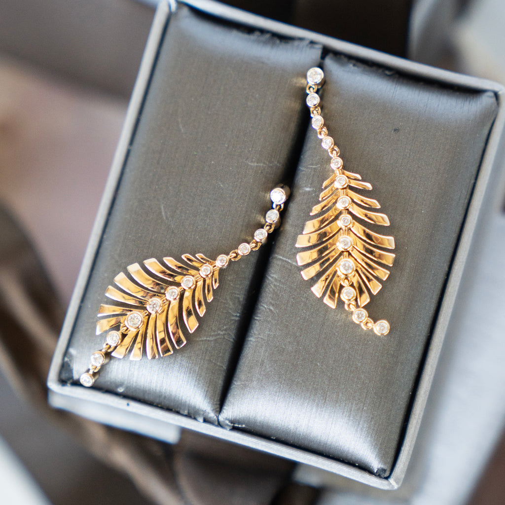 Golden Leaf Statement Earrings with Bezel Set Diamonds