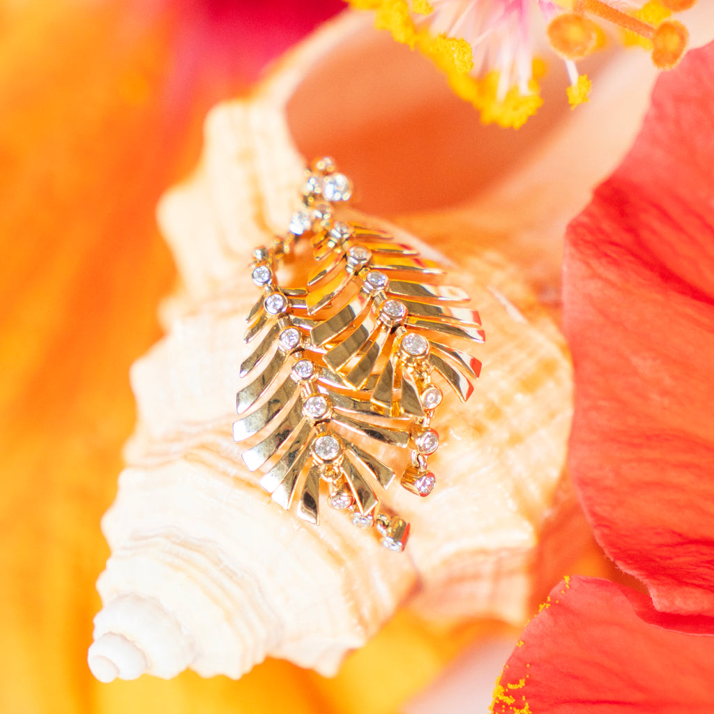 Golden Leaf Statement Earrings with Bezel Set Diamonds