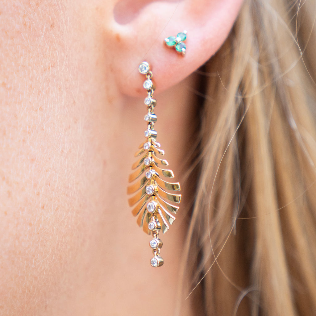 Golden Leaf Statement Earrings with Bezel Set Diamonds