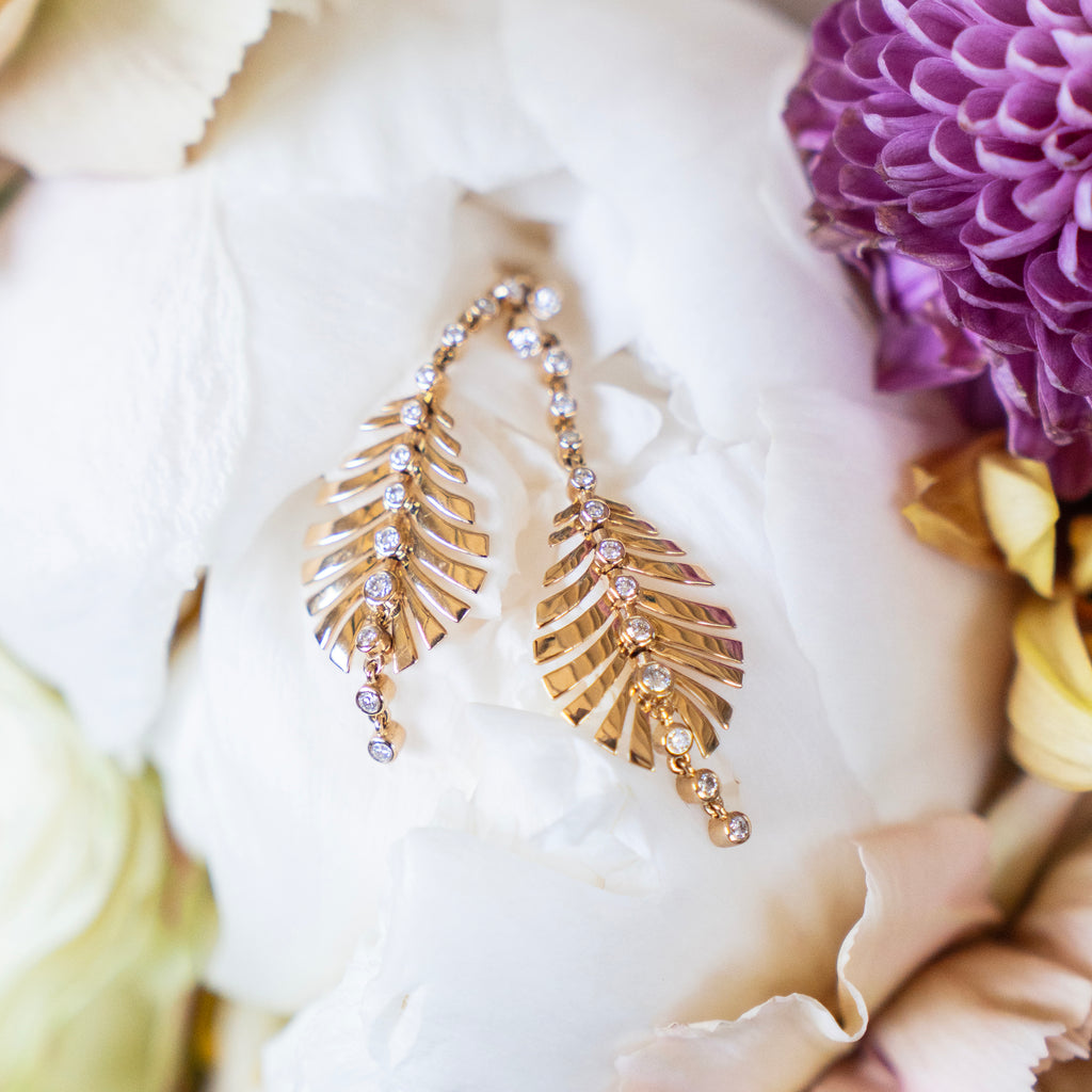 Golden Leaf Statement Earrings with Bezel Set Diamonds