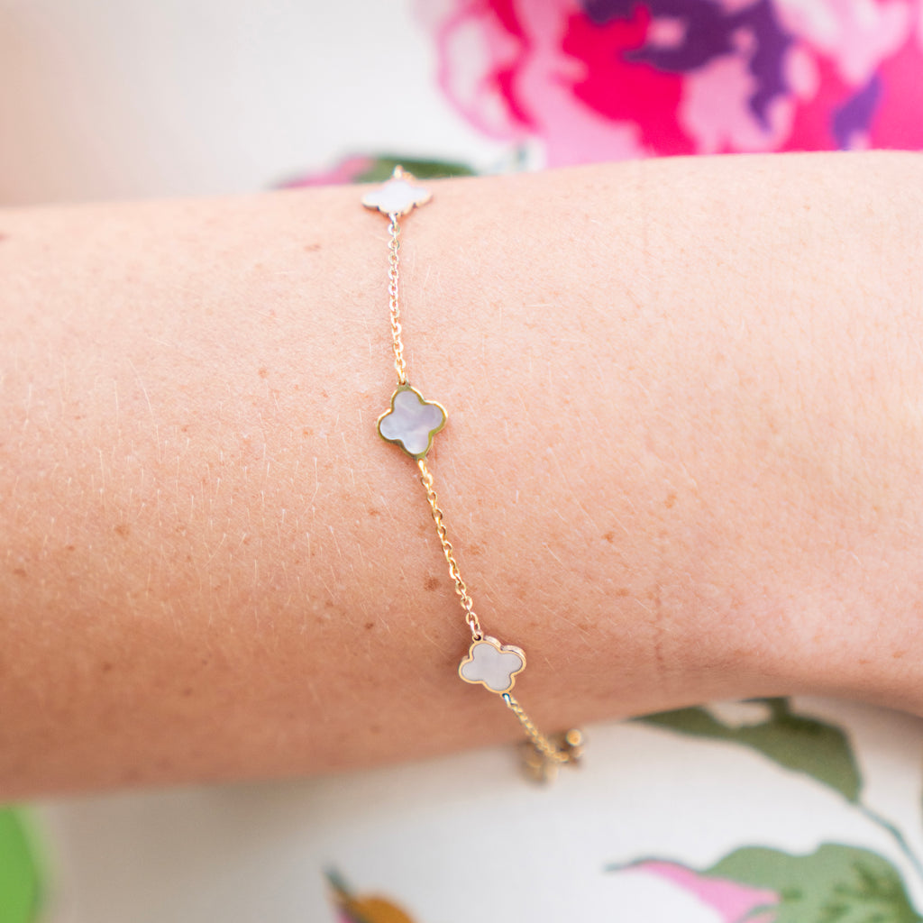 Italian 14k Gold Quatrefoil Mother of Pearl Station Bracelet