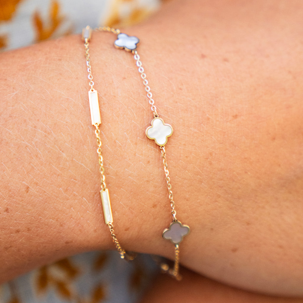 Italian 14k Gold Quatrefoil Mother of Pearl Station Bracelet