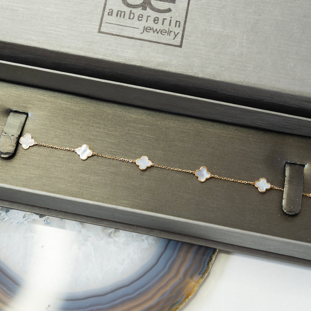 Italian 14k Gold Quatrefoil Mother of Pearl Station Bracelet