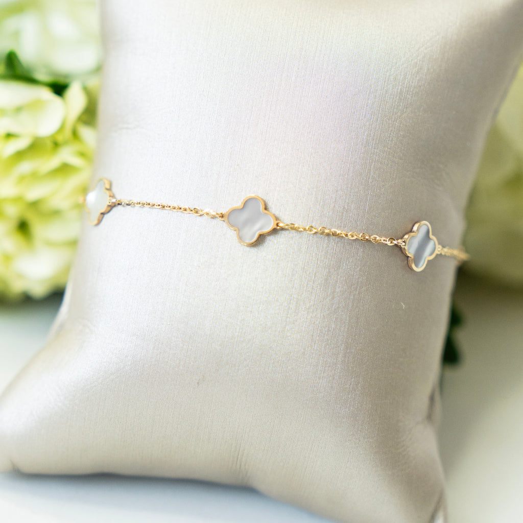 Italian 14k Gold Quatrefoil Mother of Pearl Station Bracelet