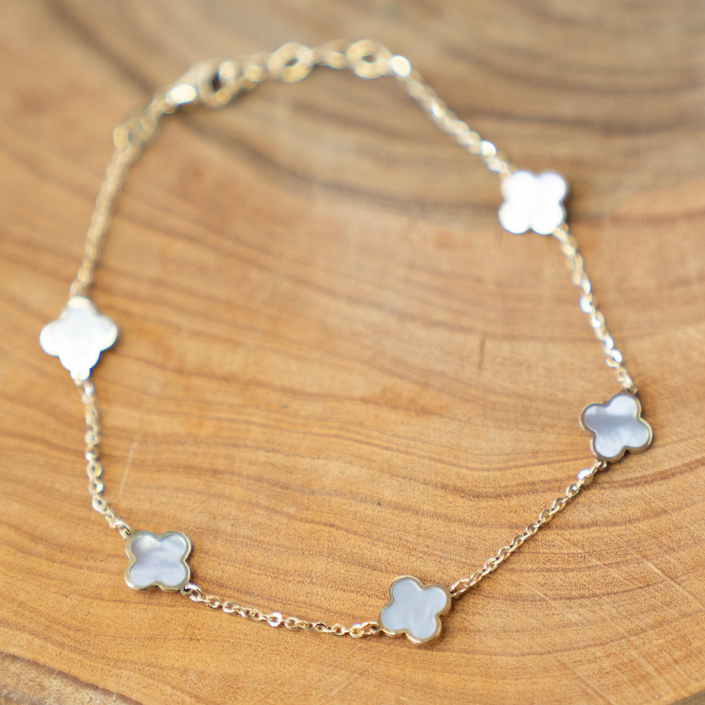 Italian 14k Gold Quatrefoil Mother of Pearl Station Bracelet