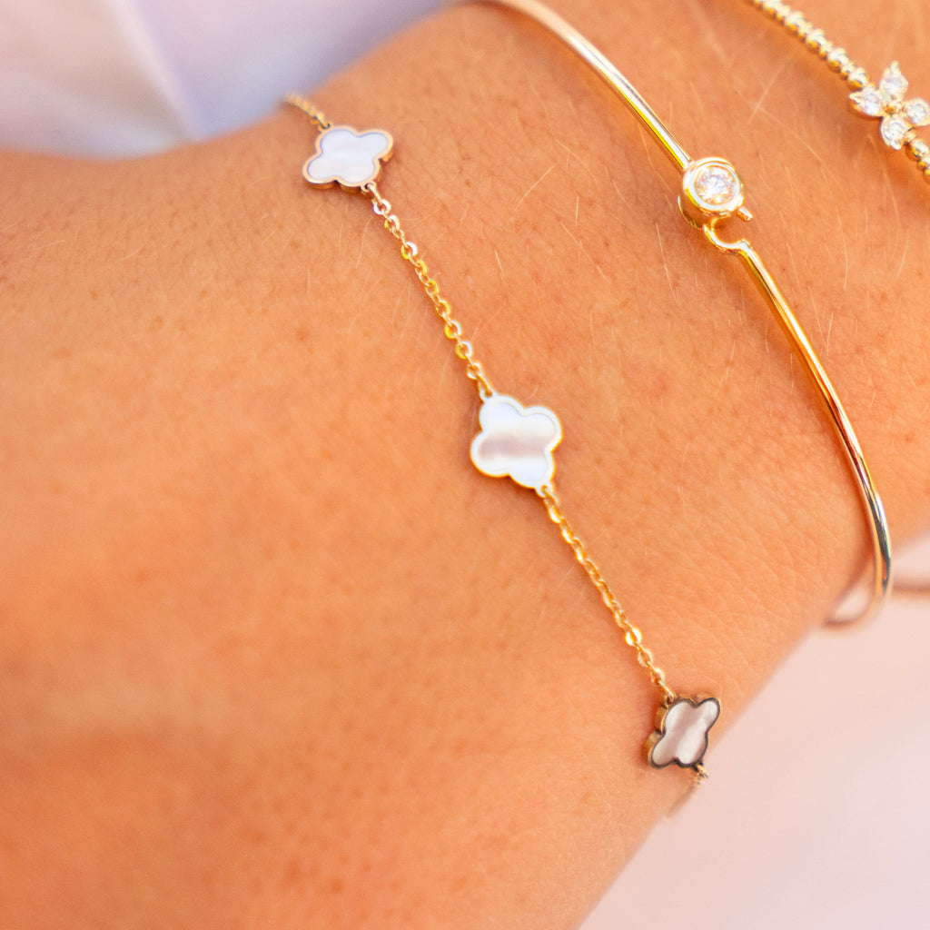 Italian 14k Gold Quatrefoil Mother of Pearl Station Bracelet
