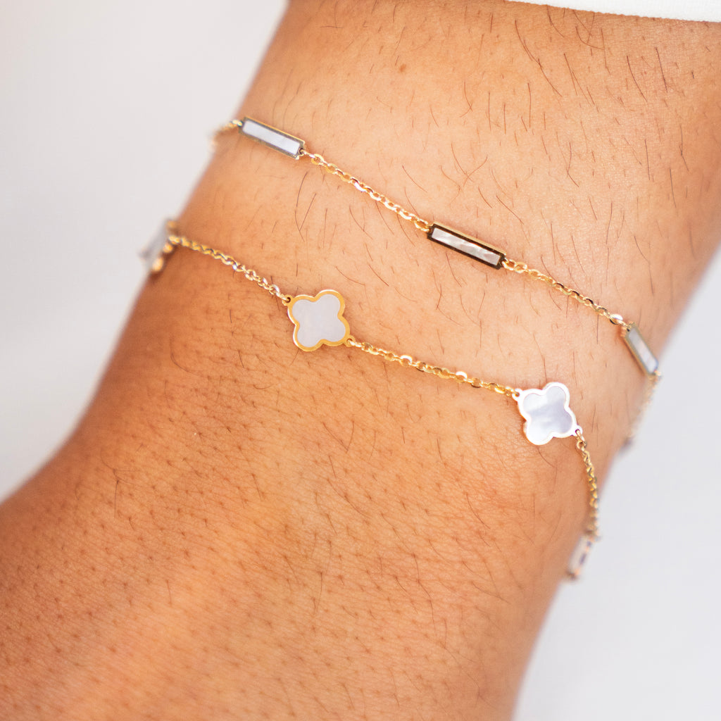 Italian 14k Gold Quatrefoil Mother of Pearl Station Bracelet