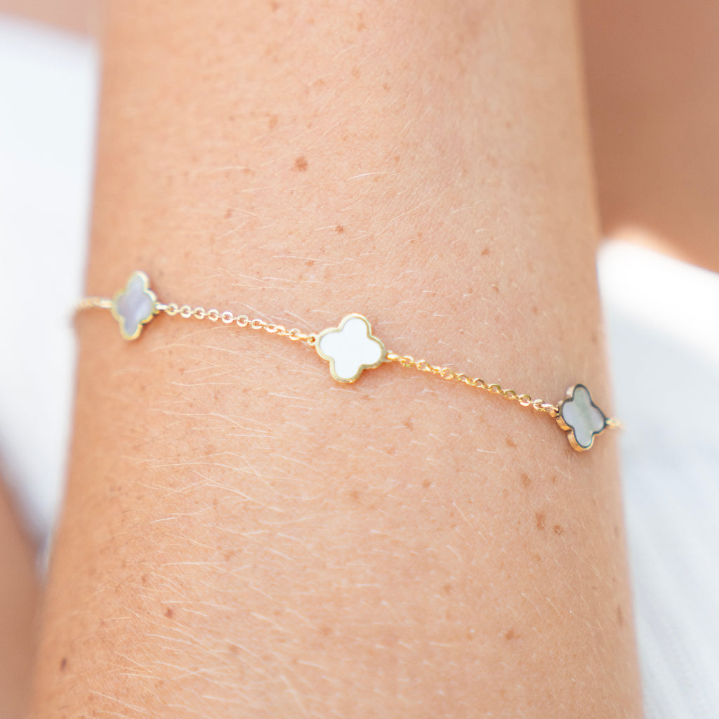 Italian 14k Gold Quatrefoil Mother of Pearl Station Bracelet