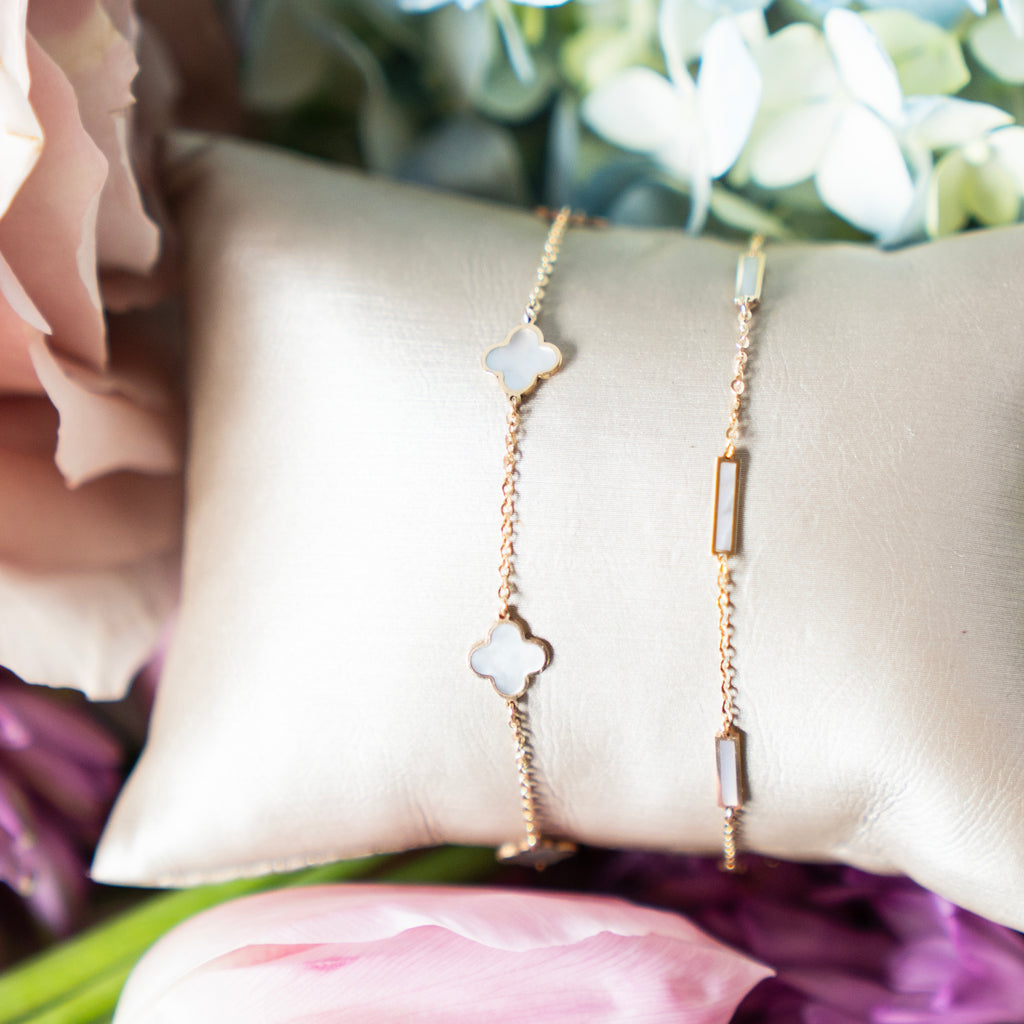 Italian 14k Gold Quatrefoil Mother of Pearl Station Bracelet